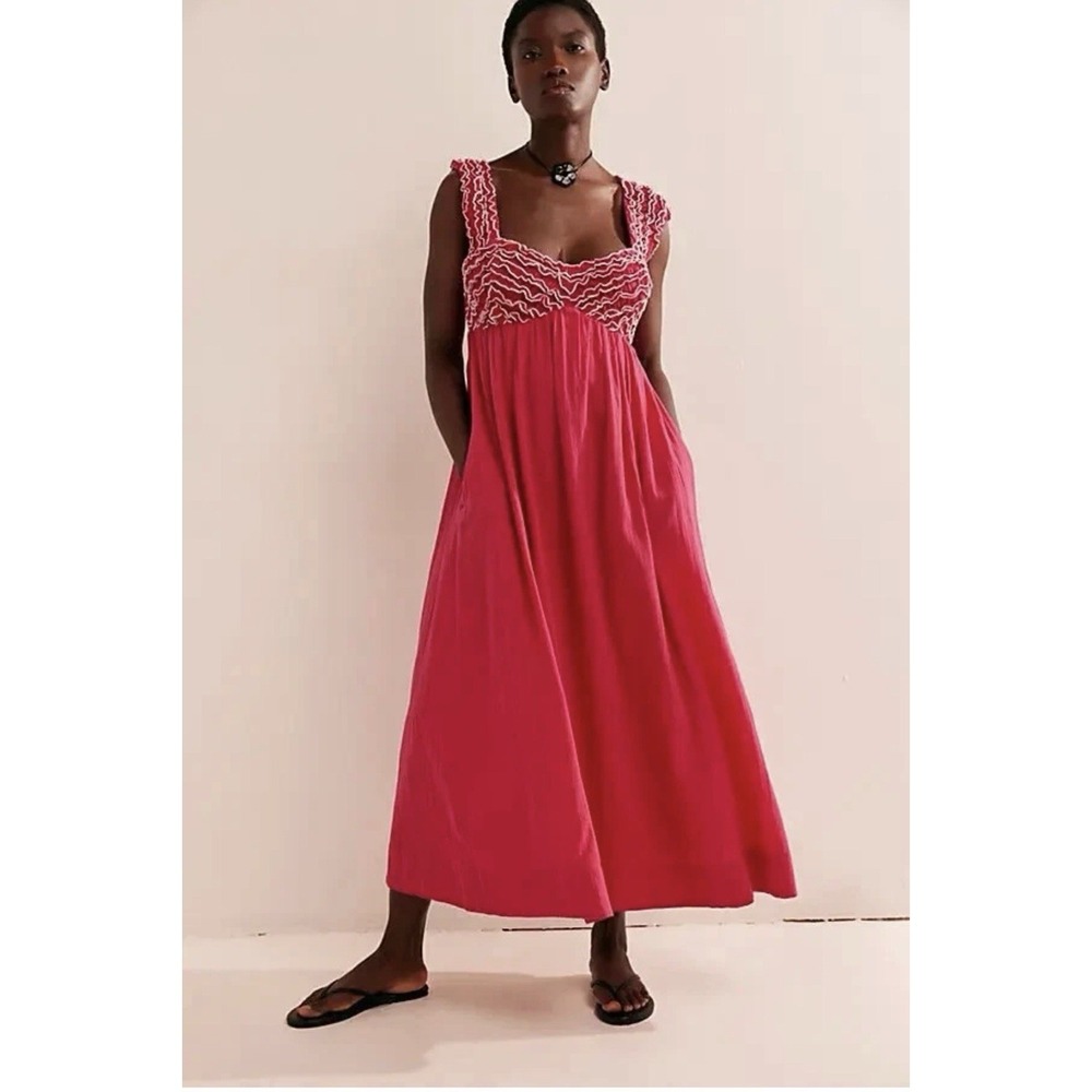 Free People Feel The Frill Midi Dress in Love Potion Hot pink sz S